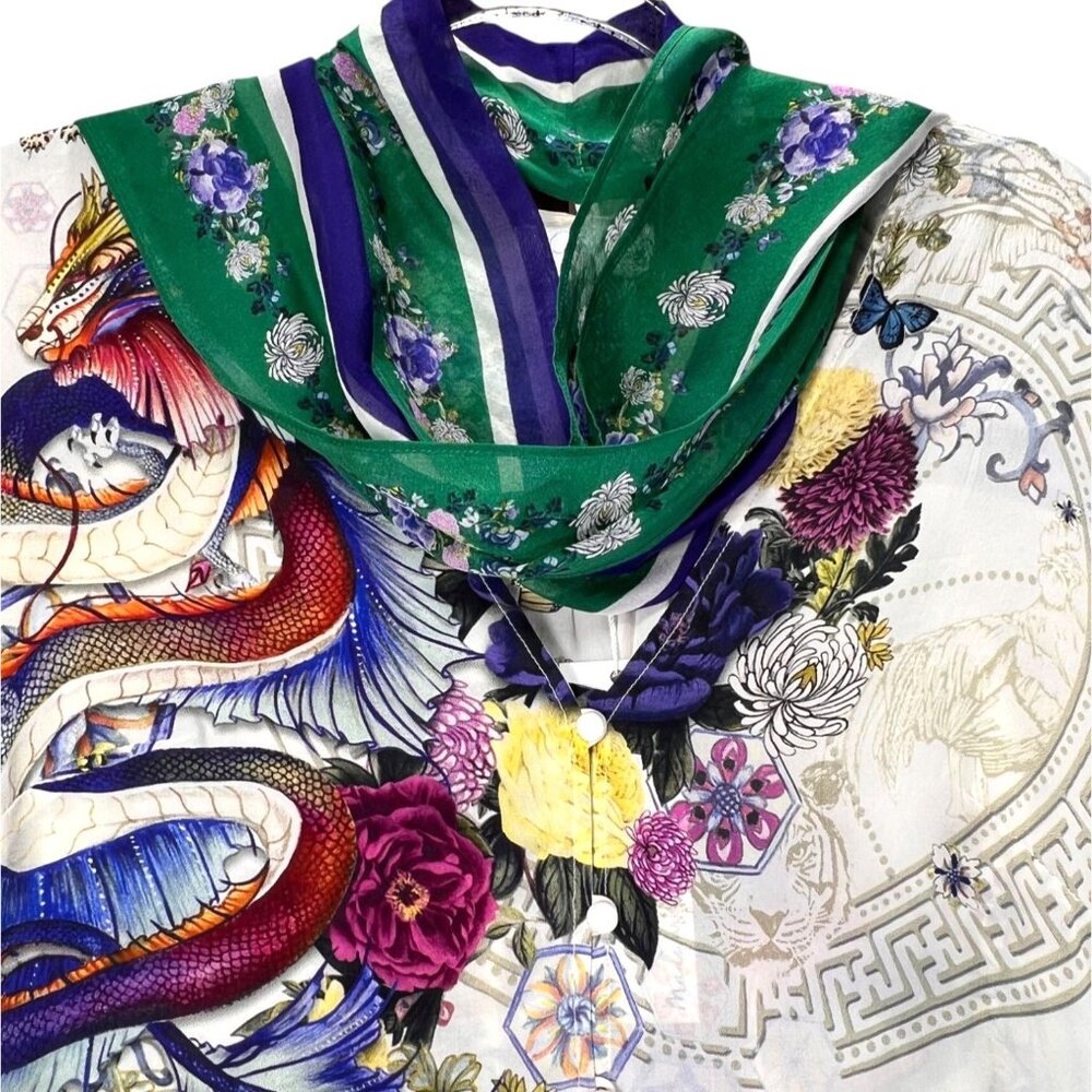 NWT Camilla Silk Blouse Med Gentle Moon Dragon Floral Embellished Detachable Tie - Picture 9 of 16
